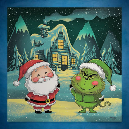 Santa y el Grinch en la Cabaña Invernal