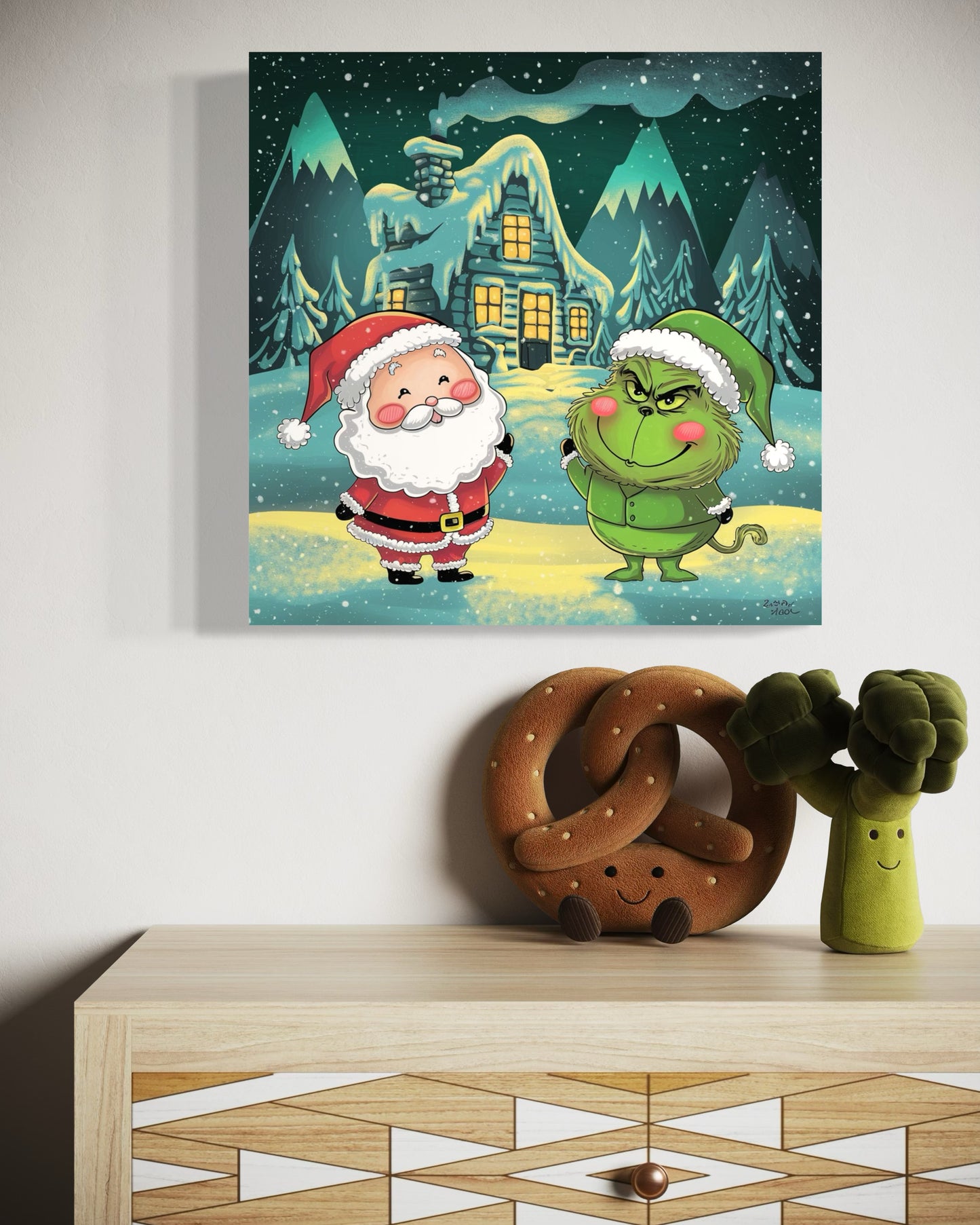 Santa y el Grinch en la Cabaña Invernal